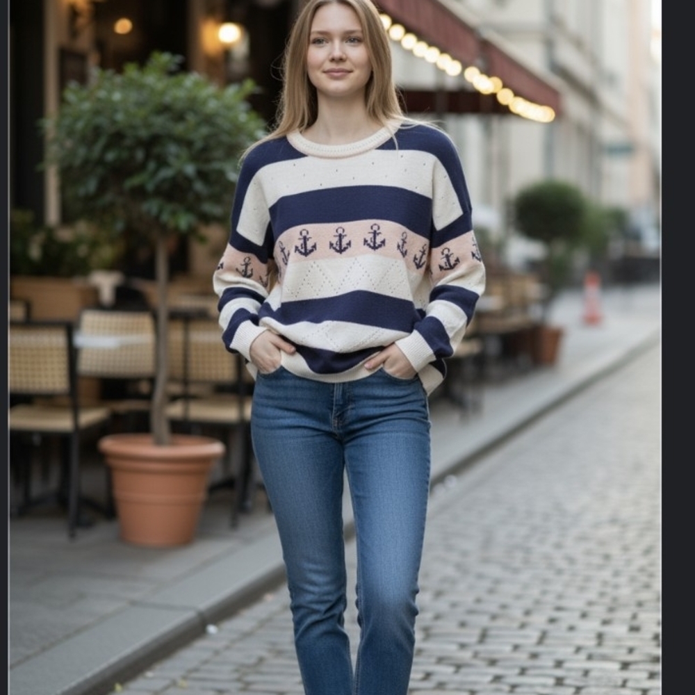 Vintage 80's Nautical Navy and White Cotton Striped Sweater.